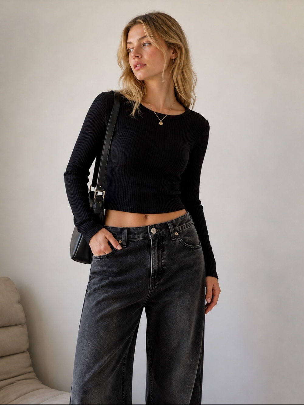 Agolde Alma Black Ribbed Crop Top